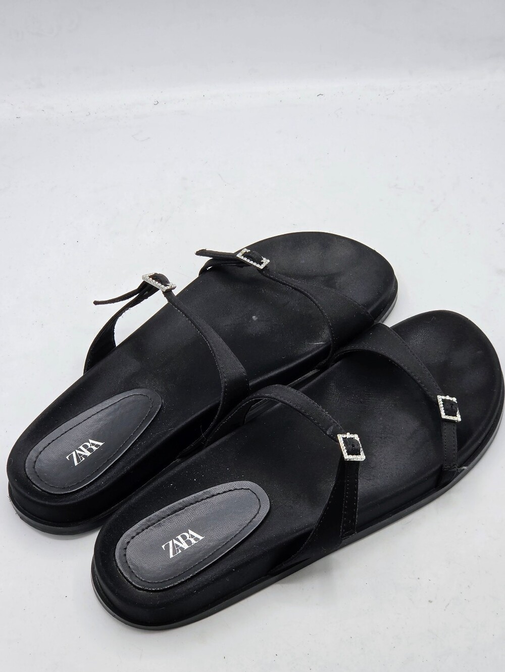 ZARA Black Satin Buckle Slides - Rhinestone Embellished Strappy Sandals Size 10 - Picture 4 of 13